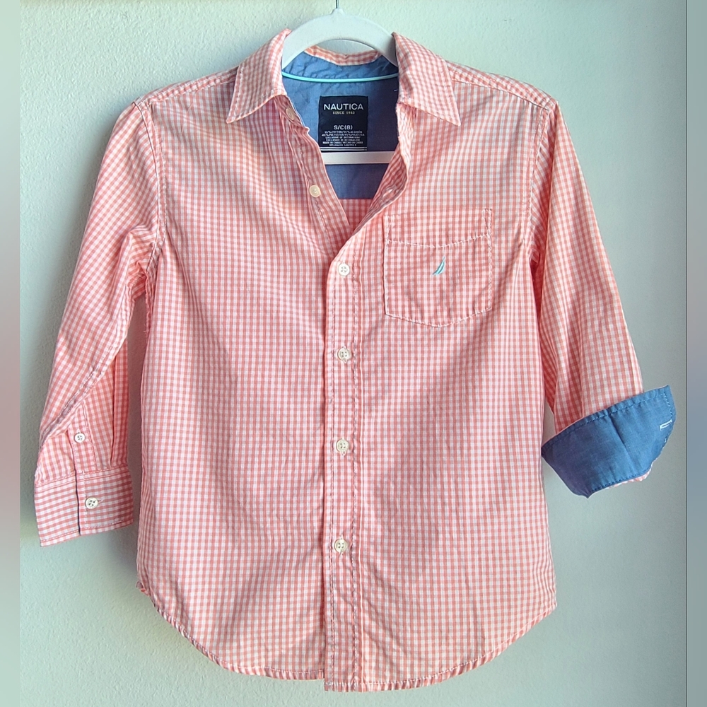 Nautica Boys' Dress Shirt- Orange & White Gingham with Blue accents, Sz S(8)